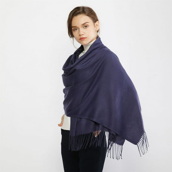 Blue Scarf Women Pashmina Scarf Soft Solid Plain Shawl Wrap Fashion Warm Neck with Fringes