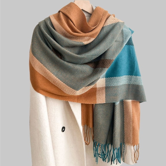 Blue Scarf for Women Autumn and Winter Warm Fringed Plaid Scarves College Style Colorful Imitation Shawls Medium Length Scarves on Sale Clearance