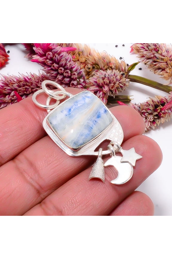 Blue Scheelite - Turkey Designer Handmade Pandent With Charm 925 Sterling Silver Pendant 1.95" Sku26, Blue Pendant, Natural Gemstone Pendant