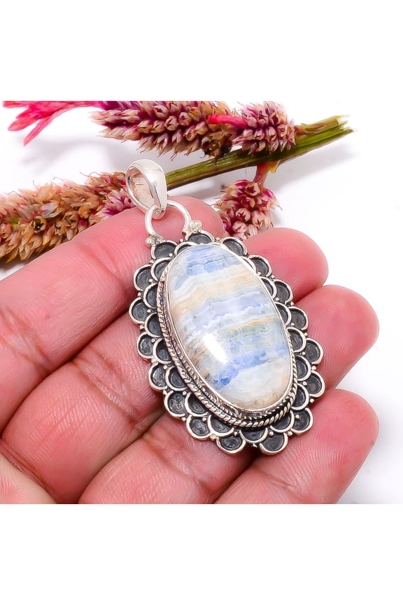Blue Scheelite - Turkey Gemstone 925 Sterling Silver Bali Pendant 2.26" Sku12, Blue Pendant, Natural Gemstone Pendant