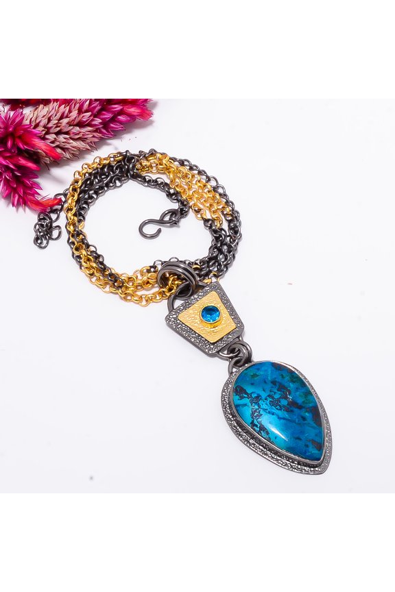 Blue Scheelite - Turkey & London Blue Topaz Black And Gold Rhodium 925 Sterling Silver Chain Pendant 18-22" Sku50, Blue Pendant, Natural Gemstone Pend