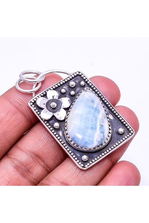Blue Scheelite - Turkey Oxidised Designer 925 Sterling Silver Pendant 1.76", Blue Scheelite Pendant, Gemstone Pendant