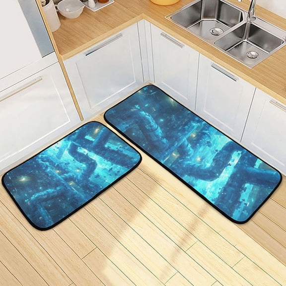 Blue Sci-fi Style Kitchen Mat Set of 2 Cushioned Non Slip Rugs for Bedroom Floor Runner Mats