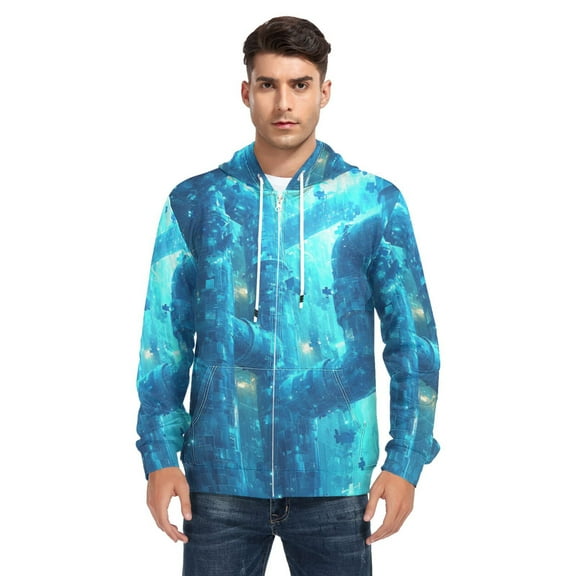 Blue Sci-fi Style Men’s Hoodies Sweatshirt with Full Zip Pockets Fleece Jackets