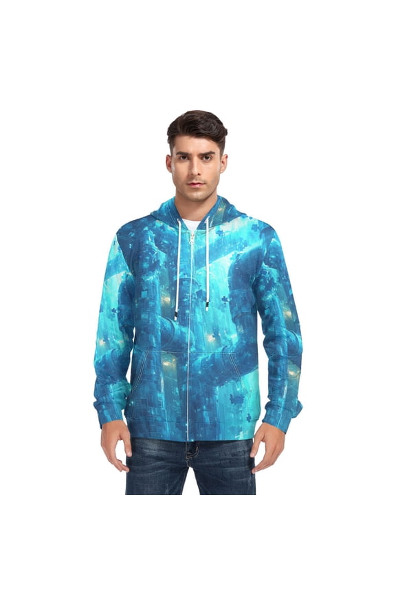Blue Sci-fi Style Men’s Hoodies Sweatshirt with Full Zip Pockets Fleece Jackets