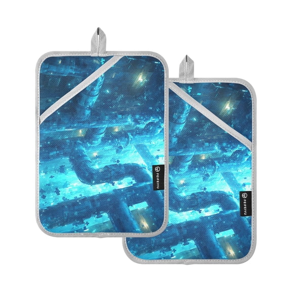 Blue Sci-fi Style Oven Mitts Pot Holders 2 pcs Heat Resistant for Kitchen Baking Grilling