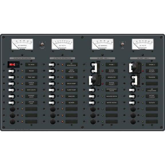 Blue Sea 8086 AC 3 Sources +12 Positions / DC Main +19 Position Toggle Circuit Breaker Panel (White Switches)