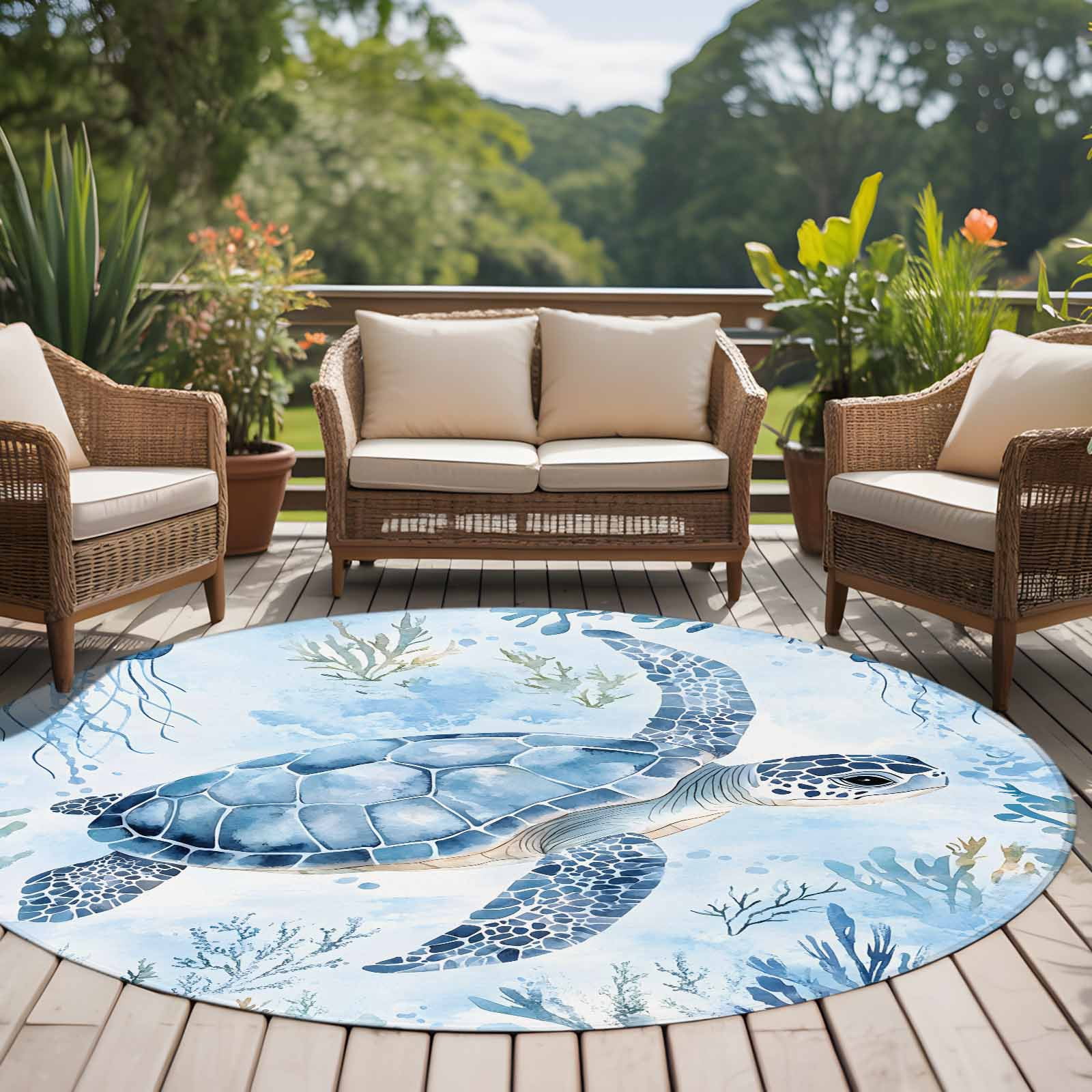 Circle Turtle Rug Blue Sea 8ft Round Rug for Open Concept Living Room Seating Zone ...