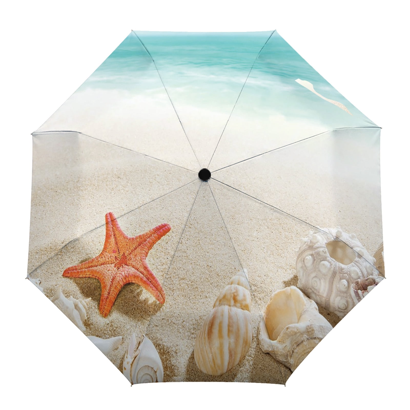 Blue Sea Beach Star Shells Creative Umbrella Rain Women Automatic Three
