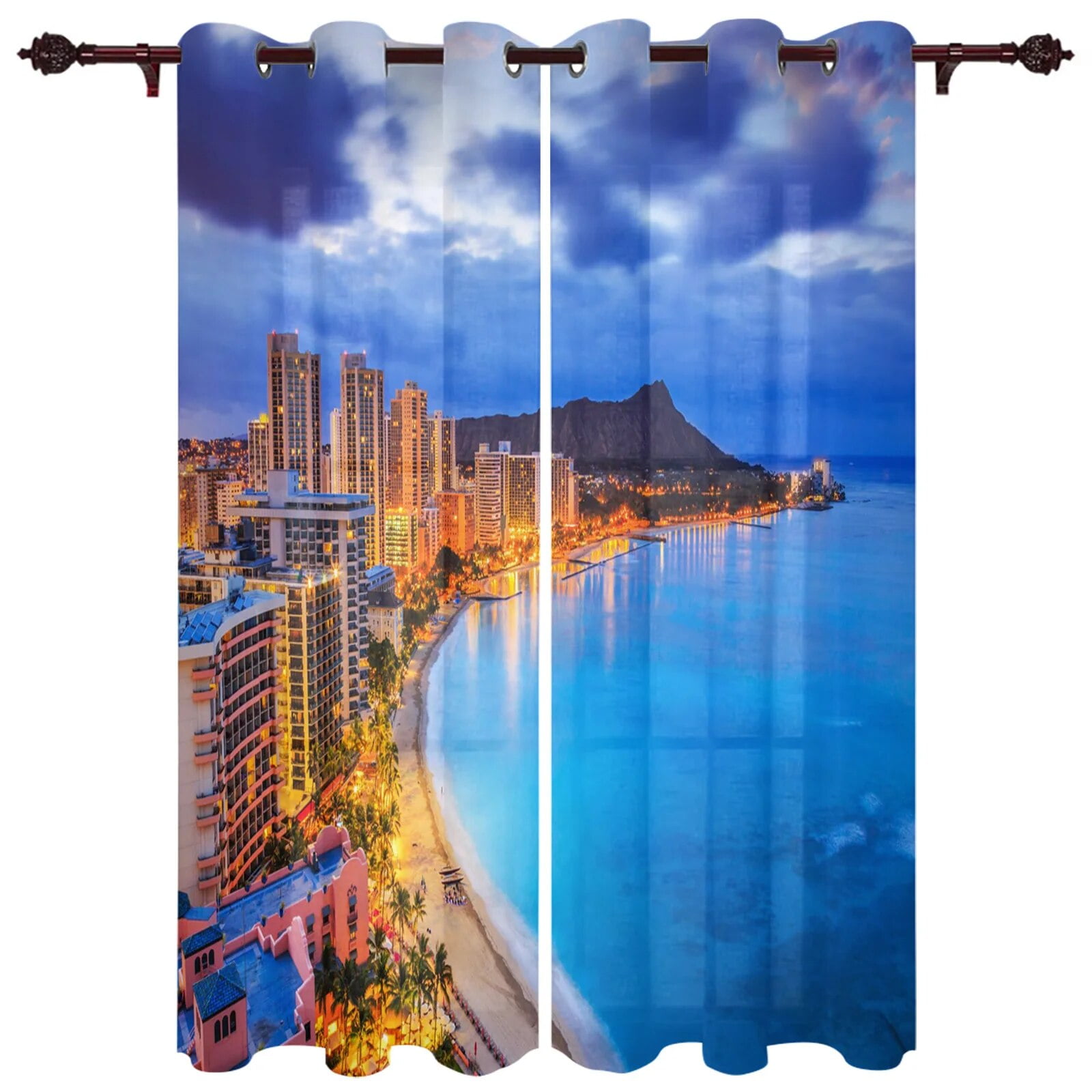 Blue Sea City Building Scenery Windows Curtains for Bedroom Modern