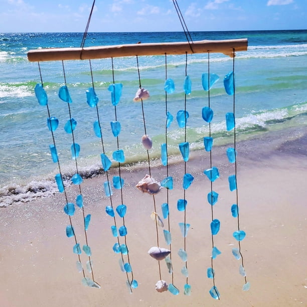 Blue Sea Glass Hanging Wind Chimes Wall Art, Handcrafted with