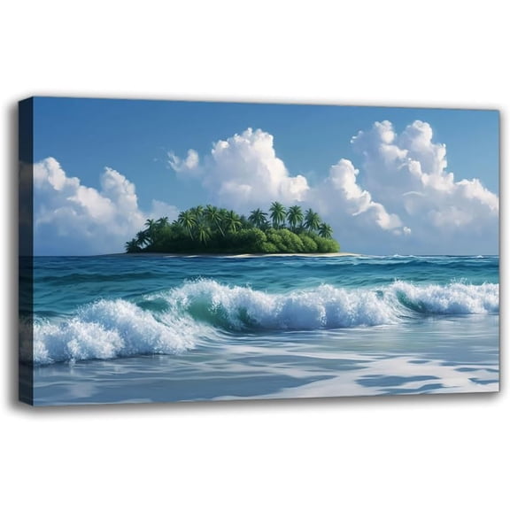 Blue Sea & Island Framed Canvas Wall Art Prints - Sea Wave and Seascape Theme Art Paintings, Room Decor for Living room Bathroom Bedroom Hallway Holiday Theme Office Decor