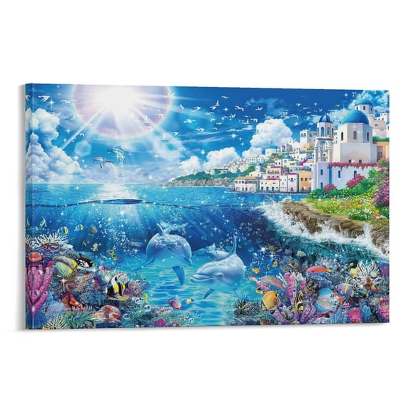 Blue Sea Lassen Colorful Sea Seascape 2 Dolphin Print Photo Art Painting Canvas Poster Decorative Decor Posterss 24x36inch(60x90cm)