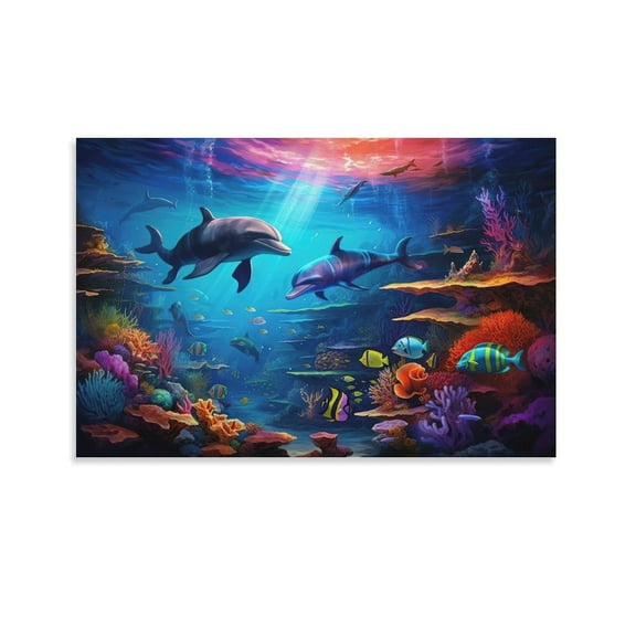 Blue Sea Lassen Colorful Sea Seascape Dolphin (13) Painting On Canvas Wall Art Poster Scroll Picture Print Walls Decor Posters 16x24inch(40x60cm)