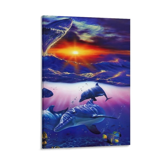 Blue Sea Lassen Colorful Sea Sunset Dolphin Whale Poster Decor Poster Wall Art Picture Print Decorative Painting Posters Aesthetic 20x30inch(50x75cm)
