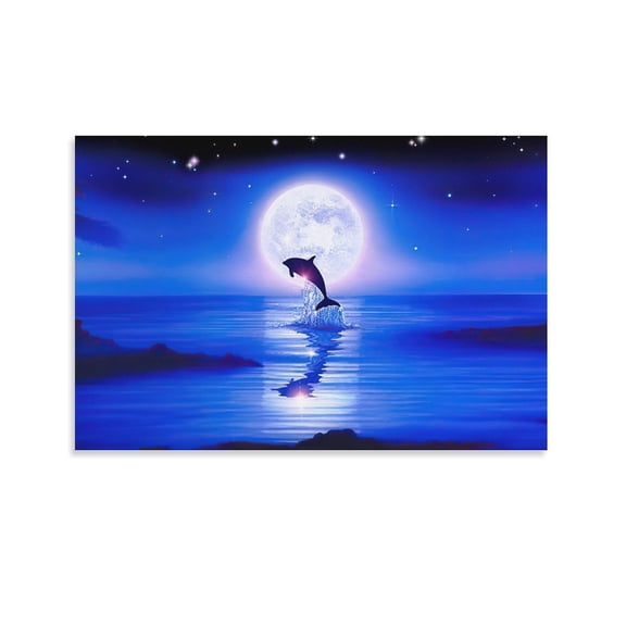 Blue Sea Lassen Ocean View Dolphin Moonlight Poster Canvas Art Poster and Wall Art Picture Print Family Decor Posters 12x18inch(30x45cm)