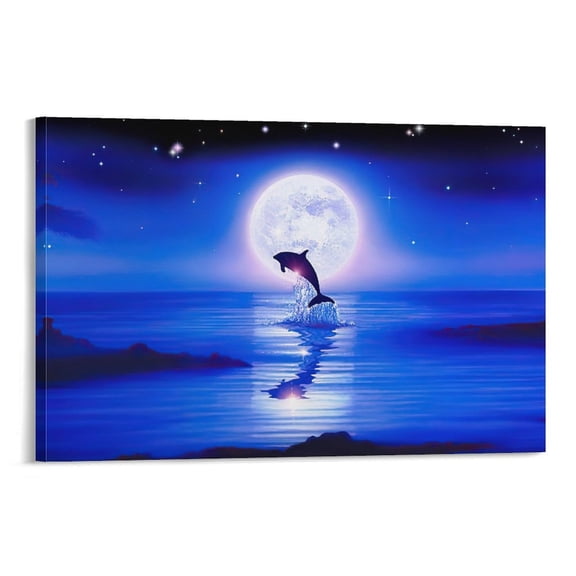Blue Sea Lassen Ocean View Dolphin Moonlight Poster Print Photo Art Painting Canvas Poster Decorative Decor Posterss 24x36inch(60x90cm)