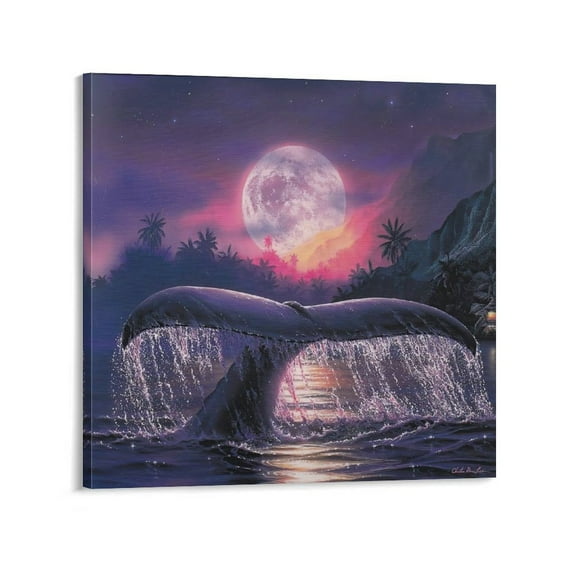 Blue Sea Lassen Ocean View Waves Whale Moonlight Poster Painting On Canvas Wall Art Poster Scroll Picture Print Walls Decor Posters 28x28inch(70x70cm)