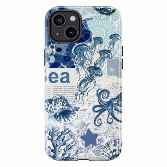 Blue Sea Life Phone Case for iPhone 16 15 14 13 12 11 Pro Max – Ocean Collage Design with Jellyfish, Octopus & Coral