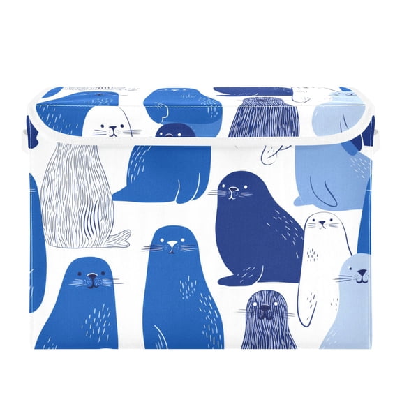 Blue Sea Lions Cute Foldable Storage Bins with Lids Handles Collapsible Storage Containers Tote Boxes 16.5 x 12.6 x 11.8 inches