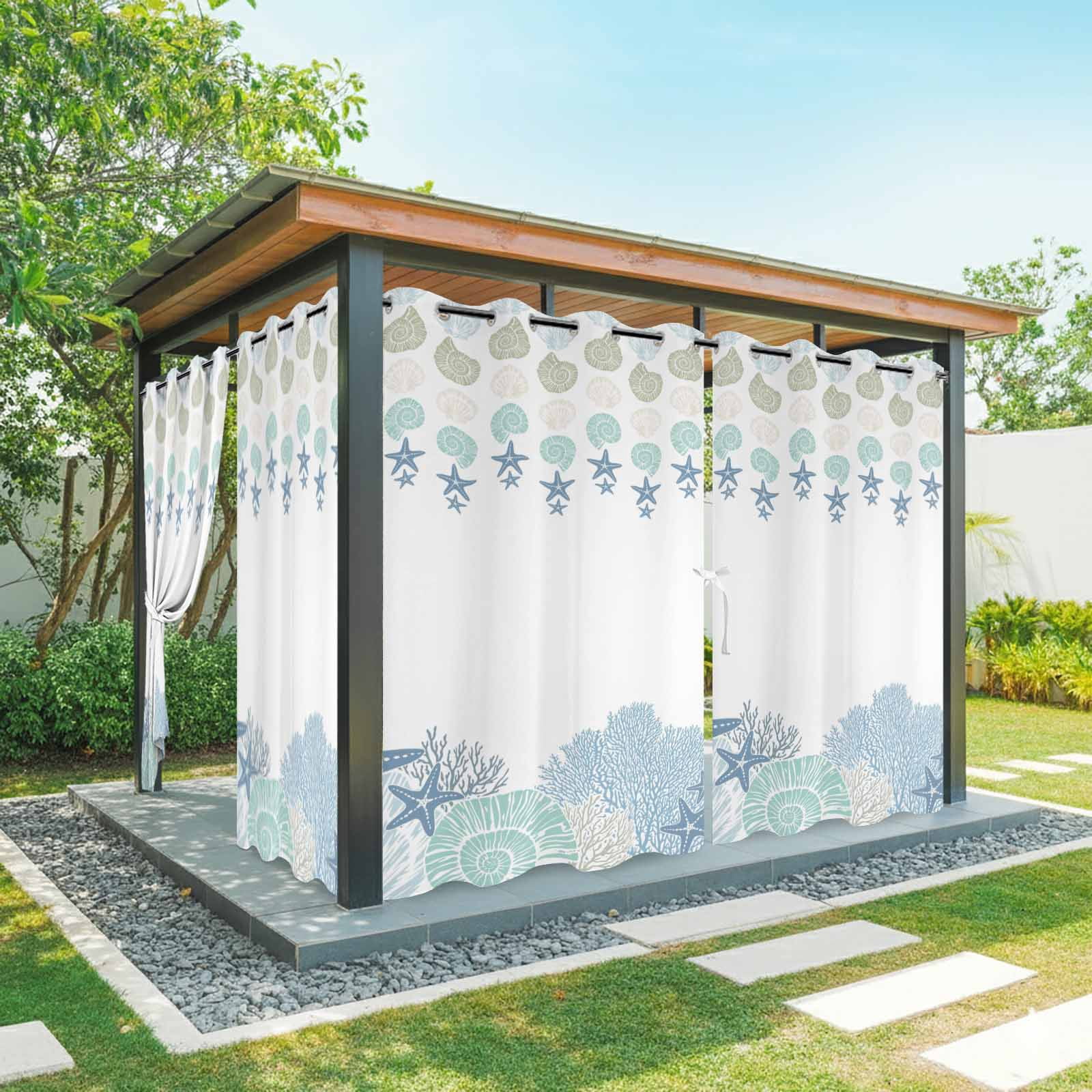 Blue Sea Outdoor Curtains for Patio, Nautical Ocean Watercolor Shells Coral Starfish Sunshade Privacy Drapes Grommet Waterproof Outside Curtains for Porch/Cabana/Balcony 54"x 108", 1 Panel