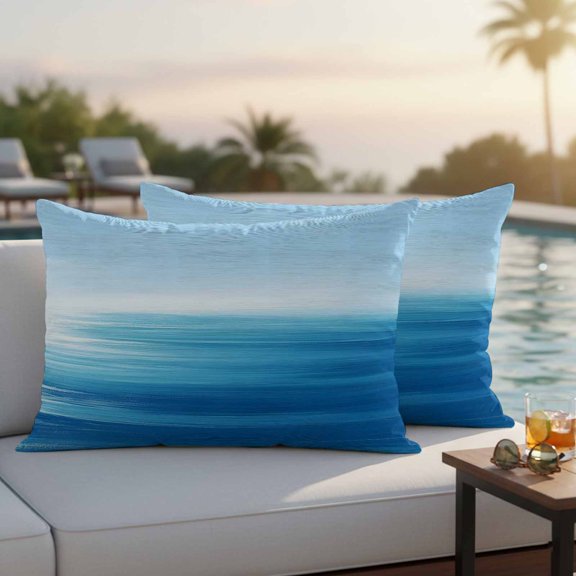 Blue Sea Outdoor Throw Pillow Covers Set of 2, Horizon Abstract Gradient Tranquility Ocean Scenery Waterproof Pillow Covers Protectors with Hidden Zipper for Garden Couch Bench 20x12in