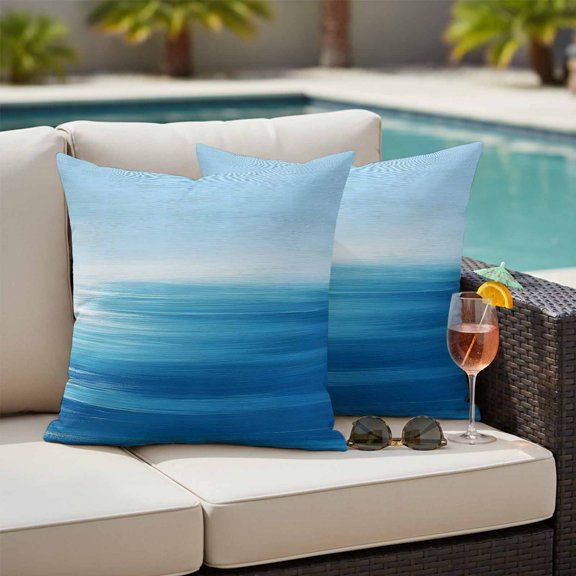 Blue Sea Outdoor Throw Pillow Covers Set of 2, Horizon Abstract Gradient Tranquility Ocean Scenery Waterproof Pillow Covers Protectors with Hidden Zipper for Garden Couch Bench 16x16in