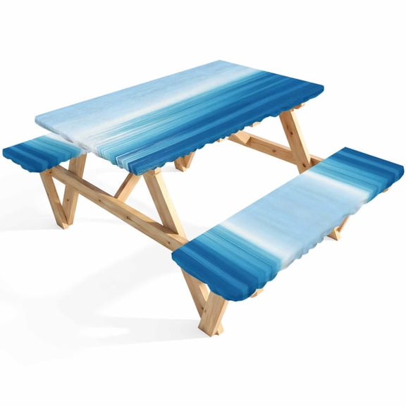 Blue Sea Picnic Table Cover with Bench Covers Horizon Abstract Gradient Tranquility Ocean Scenery Waterproof Fitted Picnic Tablecloth 3 Pieces Set Table Cloth for Outdoor Camping Garden BBQ