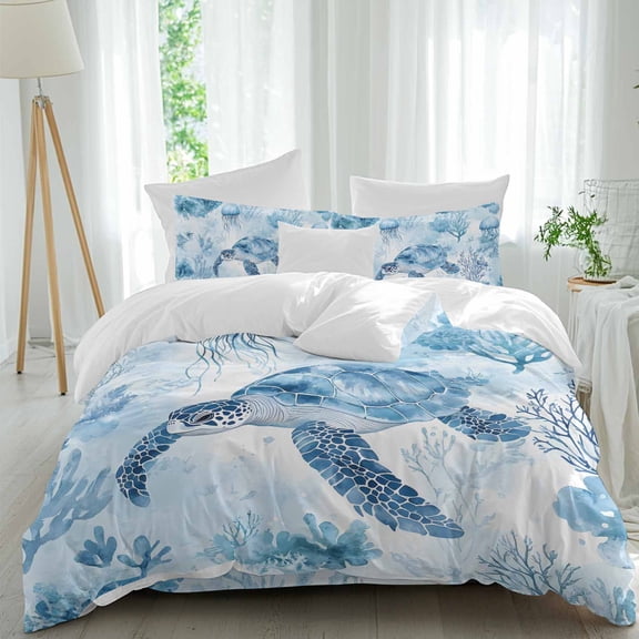 Blue Sea Queen Size Comforter Set, Turtles Jellyfish Corals Watercolor Ocean Animal Bedding for All Seasons, 4 Pcs Bed Set, 1Quiltcover (90"x92") ,1Sheet(94"x116"), 2Pillowcases (30"x20")