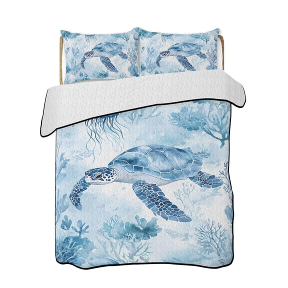 Blue Sea Quilts Bedding Set King Size Turtles Jellyfish Corals Watercolor Ocean Animal Lightweight Quilted Bedspread 3 Piece Bed Quilt with 2 Pillow Shams All Season for Bedroom 90" x 96"