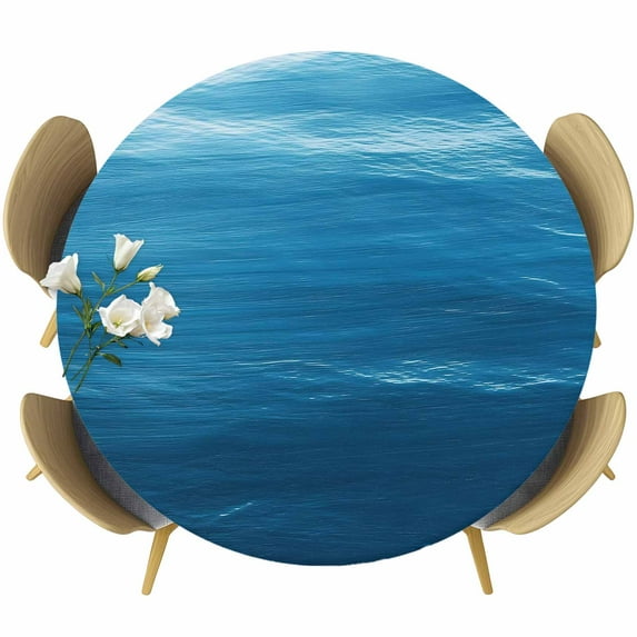 Blue Sea Round Fitted Table Cover Abstract Natural Undersea Gradient Ocean Waterproof Table Cloth with Elastic Edge Wipeable Tablecloth for Picnic Camping Party Fits 55"-60" Diameter