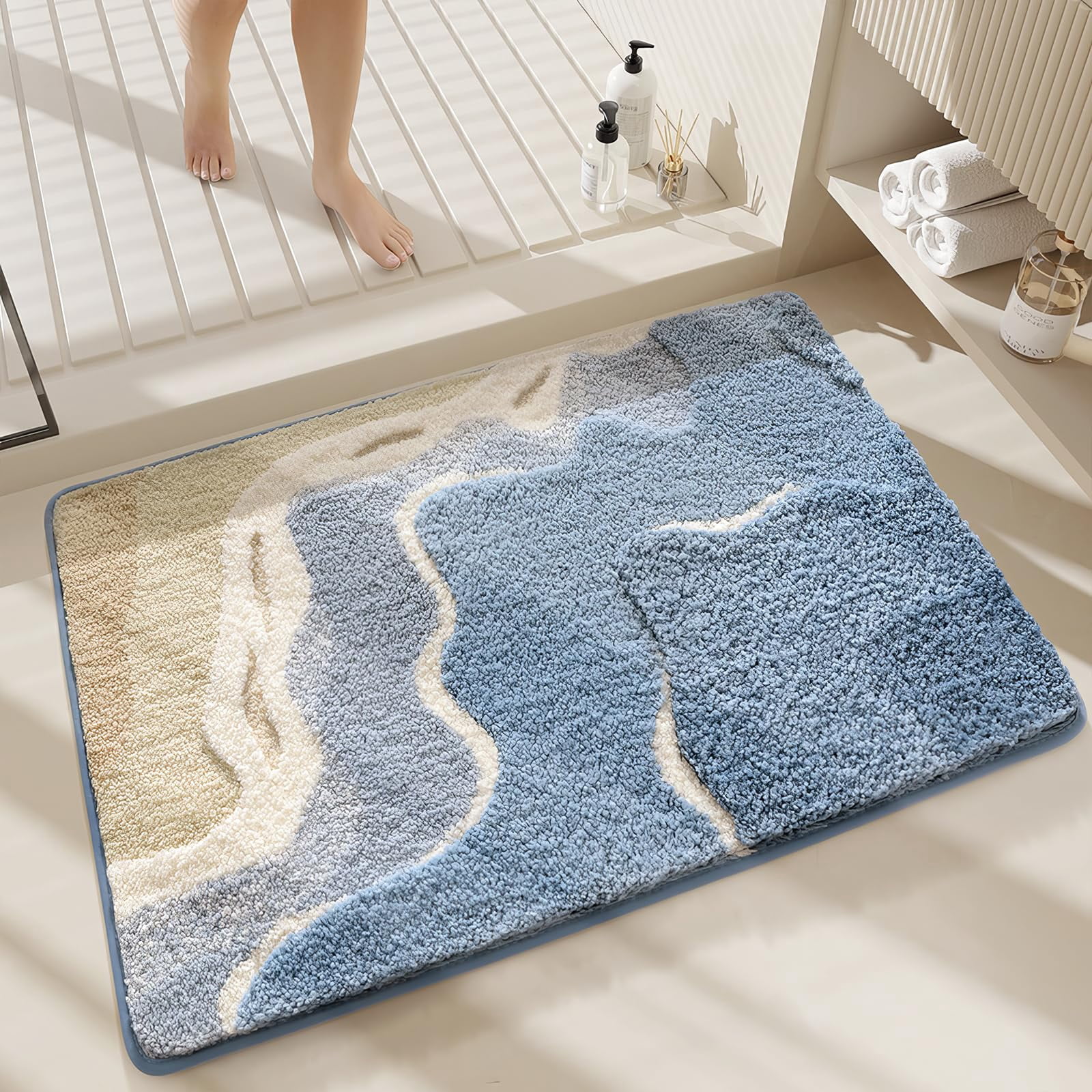Blue Sea and Sand Microfiber Bath Mat, 20x31 Inch – Ultra Absorbent, Non-Slip, Soft Shaggy Door Mat, Quick Dry Rug for Bathroom, Toilet, Bathtub, Bedroom
