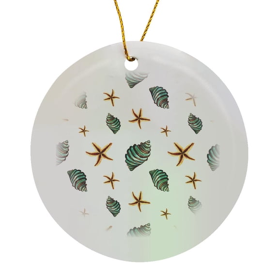 3drose, Blue Sea Shells and Star Fish Pattern, Circle Porcelain Ornament