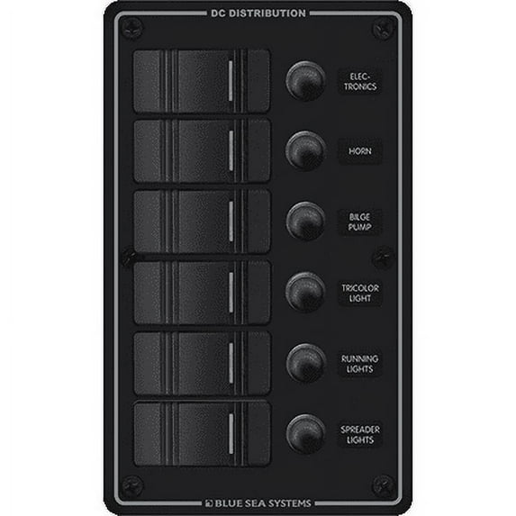 Blue Sea Systems #8373 Switch Panel, Contura w/ Breakers, 6 Switches, Black
