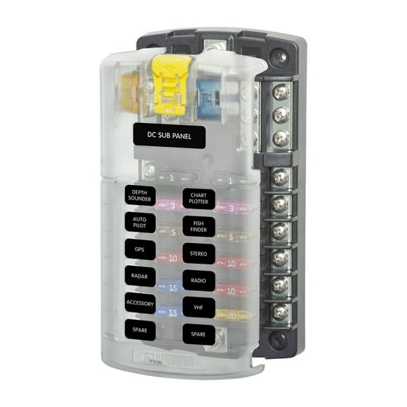 Blue Sea Systems ST Blade Fuse Block 12 Circuit with Ground and Cover, 5026