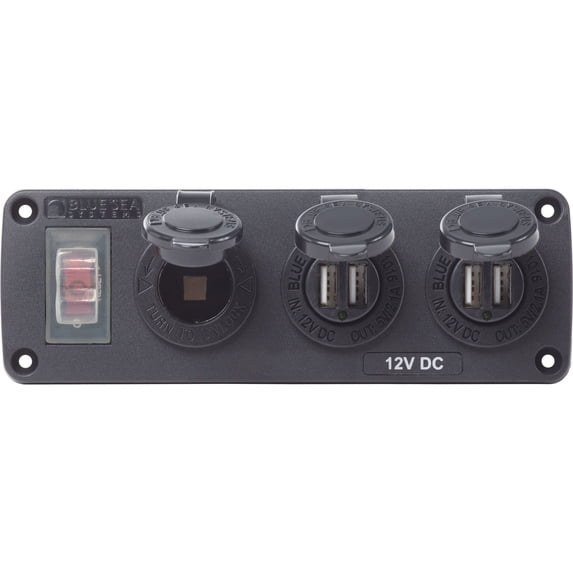 Blue Sea Systems 4365-BSS Water-Resistant Accessory Panel - 15A Circuit Breaker, 12V Socket, 2x 2.1A Dual USB Chargers