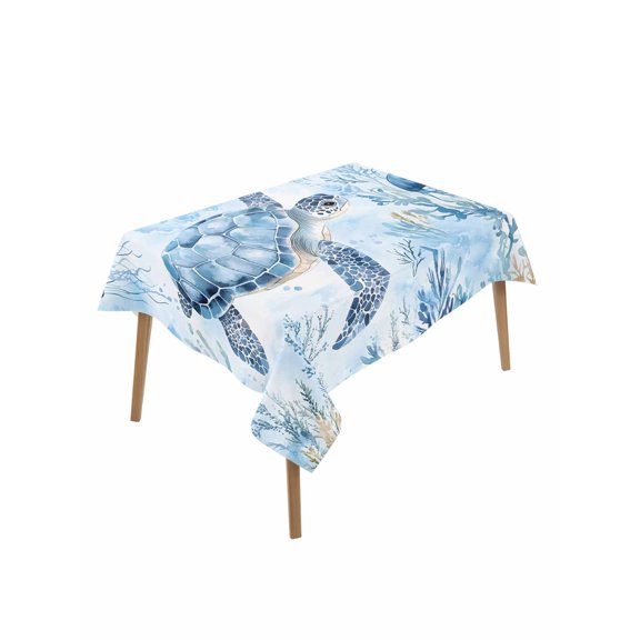 Blue Sea Table Cloth 52x70 Inch Rectangle, Turtles Jellyfish Corals Marine Life Summer Coastal Waterproof Tablecloth Washable Table Cover for Party Picnic Dinner Decor