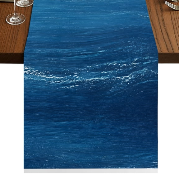 Blue Sea Table Runner 36 Inches Long, Abstract Gradient Ocean Wave Natural Scenery Cotton Linen Dining Table Runner Dresser Scarves for Home Kitchen Party Decor 13"x36"
