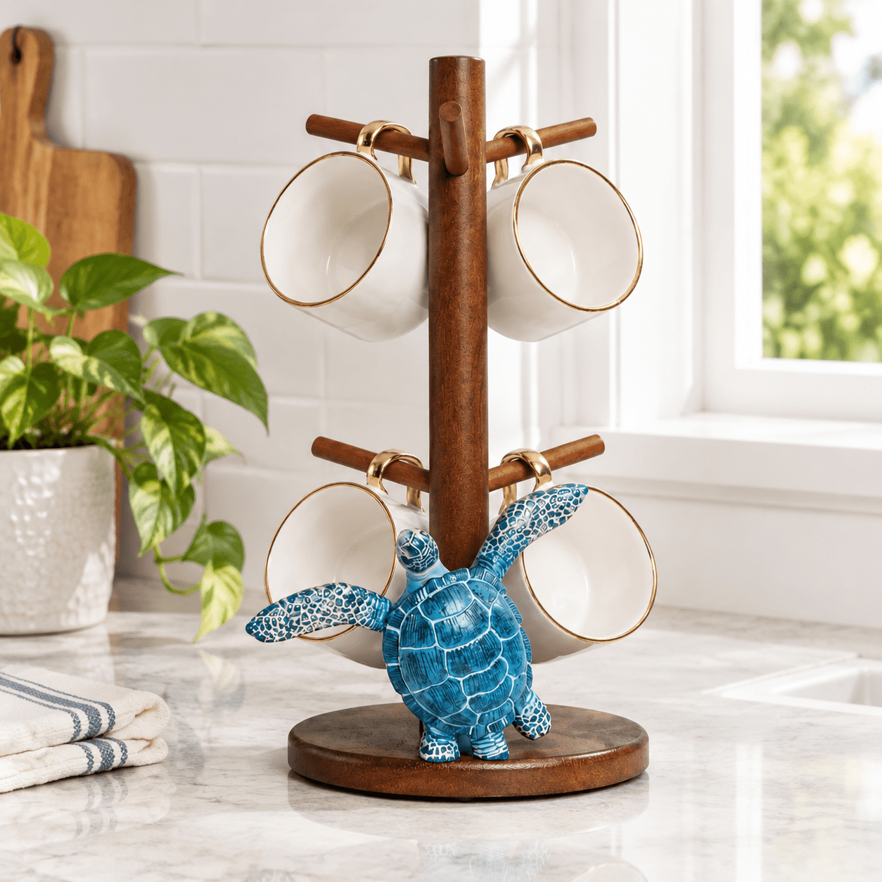 Blue Sea Turtle 1 Wooden Mug Tree Cup Stand for Kitchen and Beach Home ...