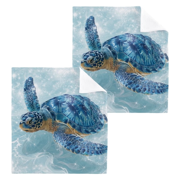 Blue Sea Turtle 100% Cotton Face Towel 12x12in Soft Absorbent Washcloth Durable Printed Hand Towels for Bathroom Travel 2 Pcs