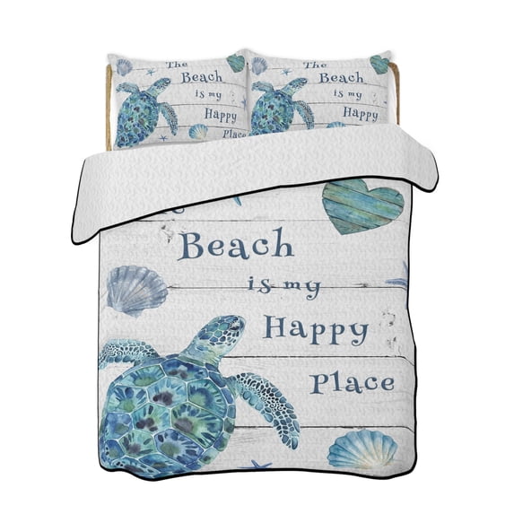 Blue Sea Turtle 3 Piece Quilt Bedding Set with 2 Pillow Shams, Beach ...