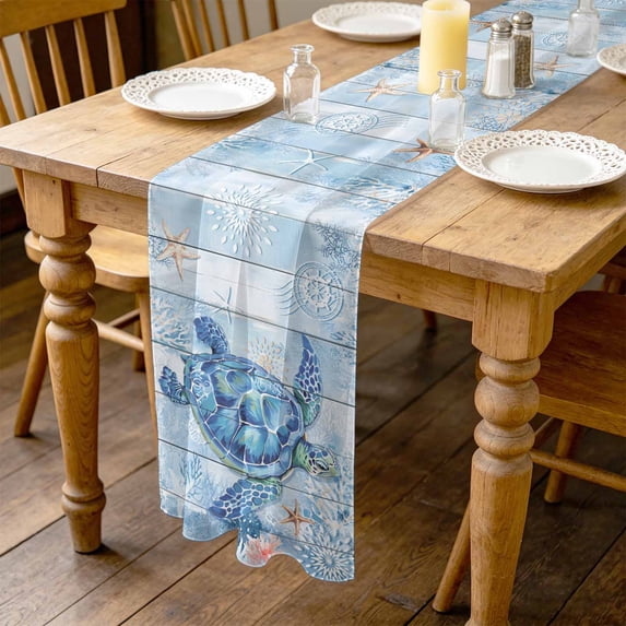 Blue Sea Turtle 4.5ft Cheesecloth Table Runner for Dining 19"x55", Ocean Coral Starfish Kitchen Dinner Sheer Tulle Chiffon Dresser Scarf, Holiday Party Decorations