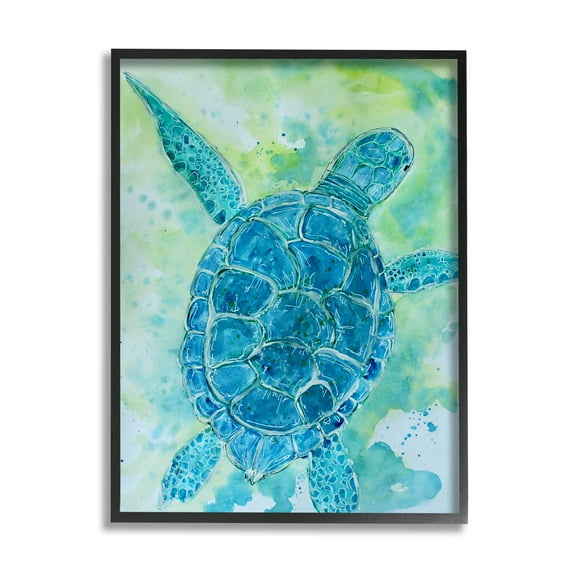Blue Sea Turtle Aquatic Bubbles Animals & Insects Painting Black Framed Art Print Wall Art