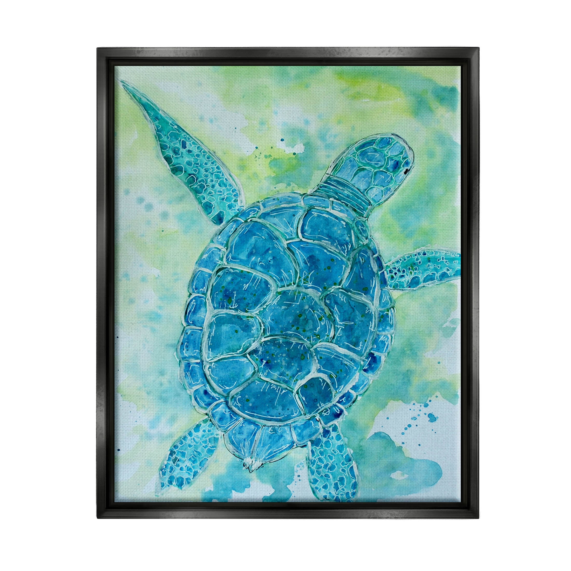 Blue Sea Turtle Aquatic Bubbles Animals & Insects Painting Jet Black Framed Art Print Wall Art