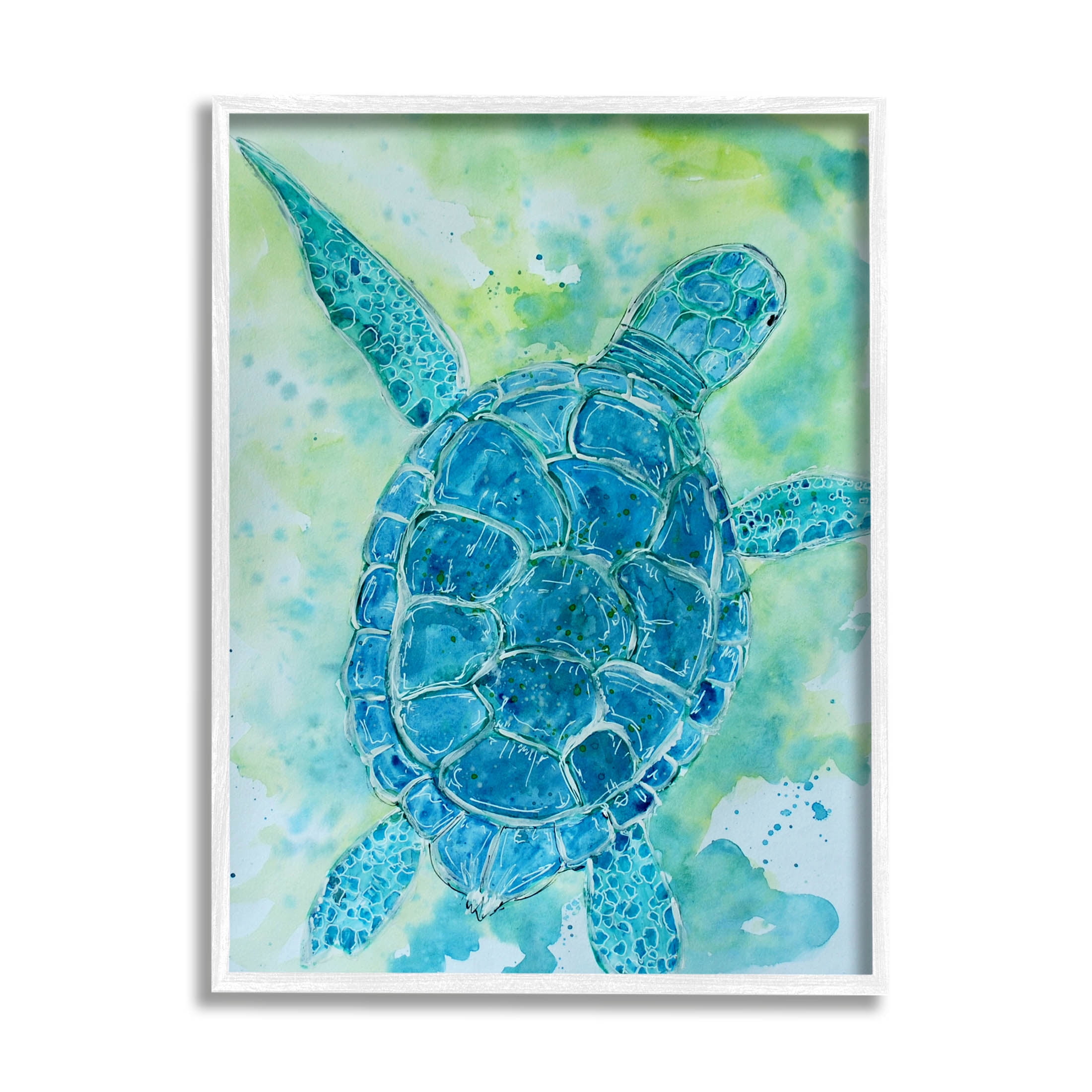 White Framed Blue Sea Turtle Aquatic Painting Print