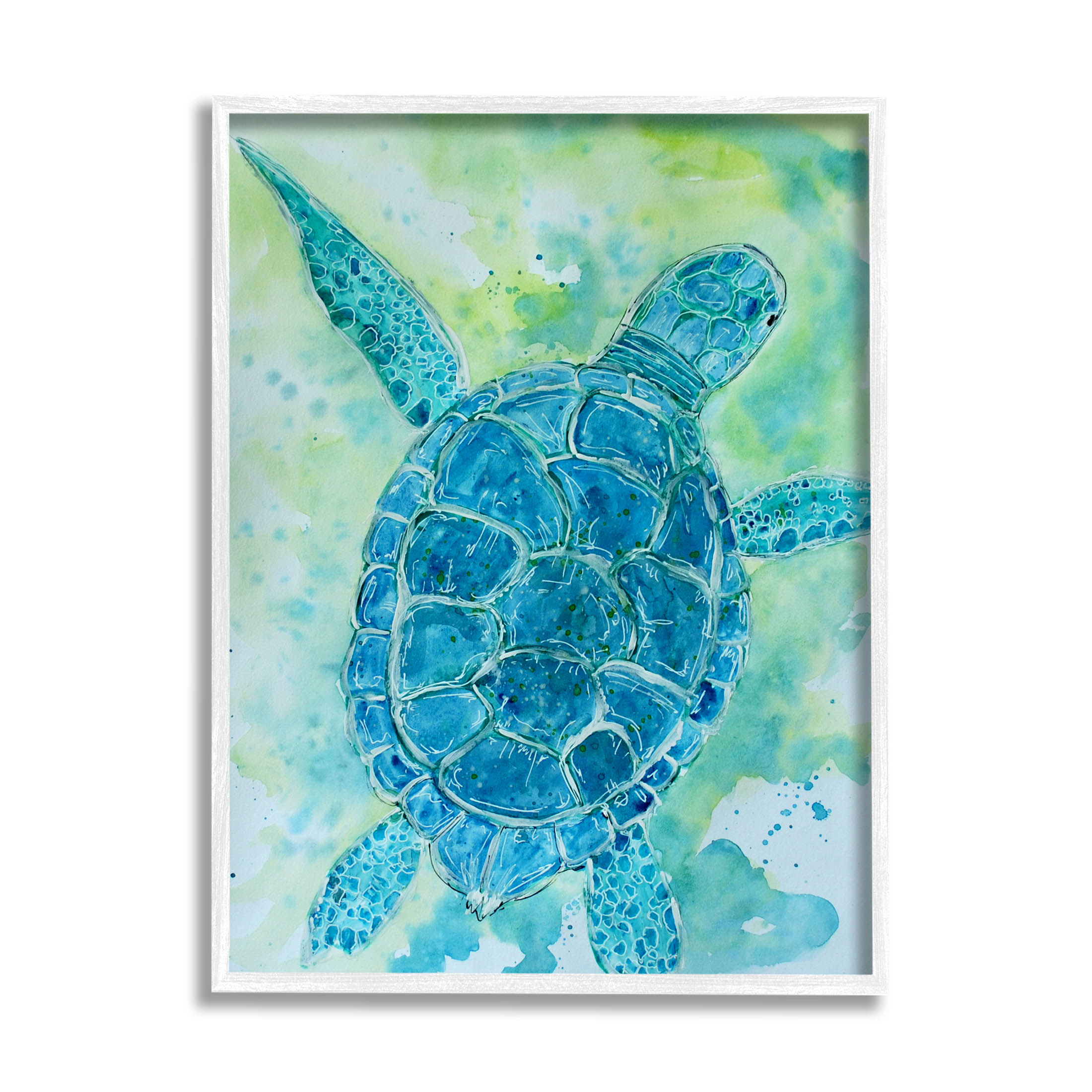 Blue Sea Turtle Aquatic Bubbles Animals & Insects Painting White Framed Art Print Wall Art