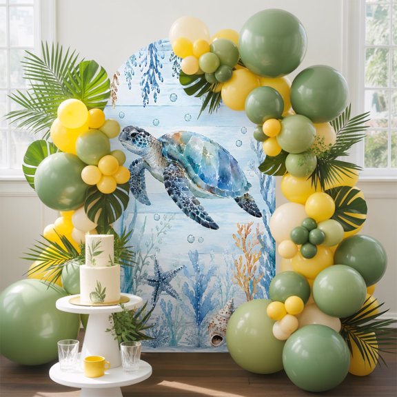 Blue Sea Turtle Arch Backdrop Cover, 5FT, Nautical Coastal Starfish Shell Bubble Spandex Arch Covers Double-Sided Backdrop for Wedding Birthday Party Photo Background Decoration