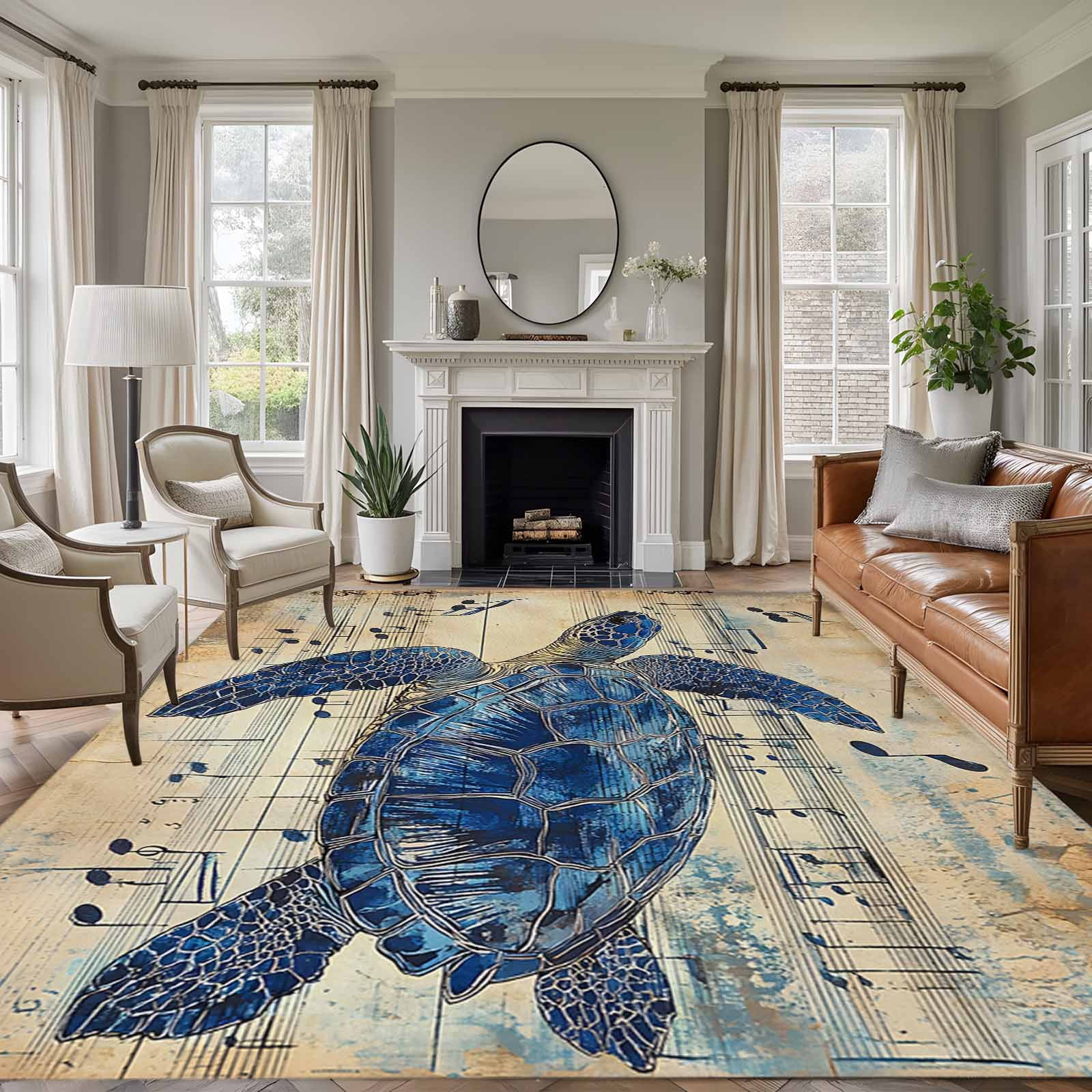 Blue Sea Turtle Area Rug 6x9 FT, Non Slip Living Room Throw Carpet ...