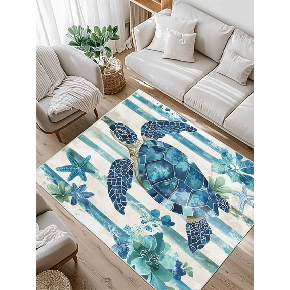 Blue Sea Turtle Area Rug for Bedroom 2.7x5 Ft Blue Floral Starfish Retro Striped Super Soft fuzzy Throw Rug Non-Slip Fluffy Plush Indoor Floor Carpet for Living Room Nursery Home Decor
