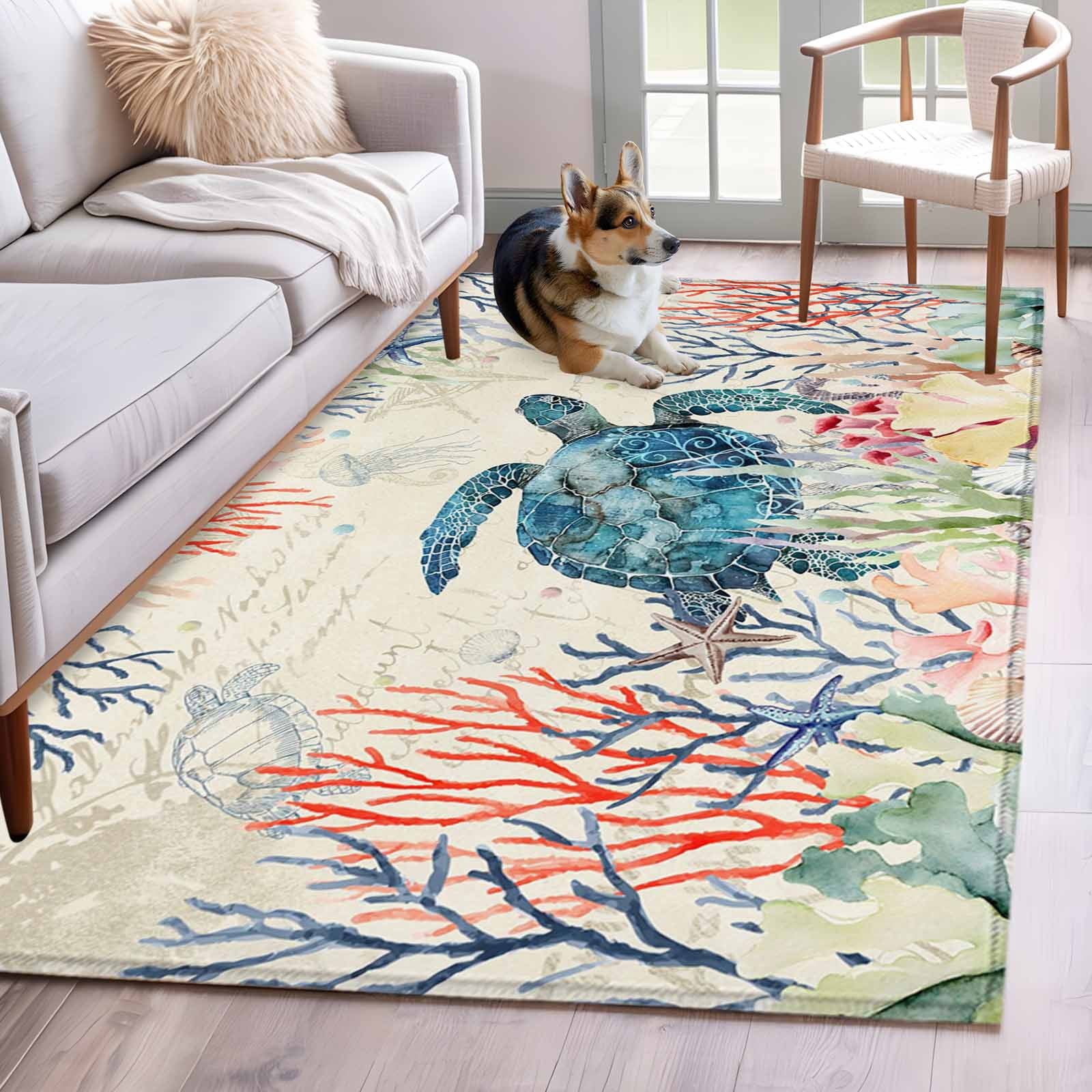 Blue Turtle Rug Blue Sea Turtle Area Rugs 2.7'x5', Watercolor Rustic Red Blue Corals ...